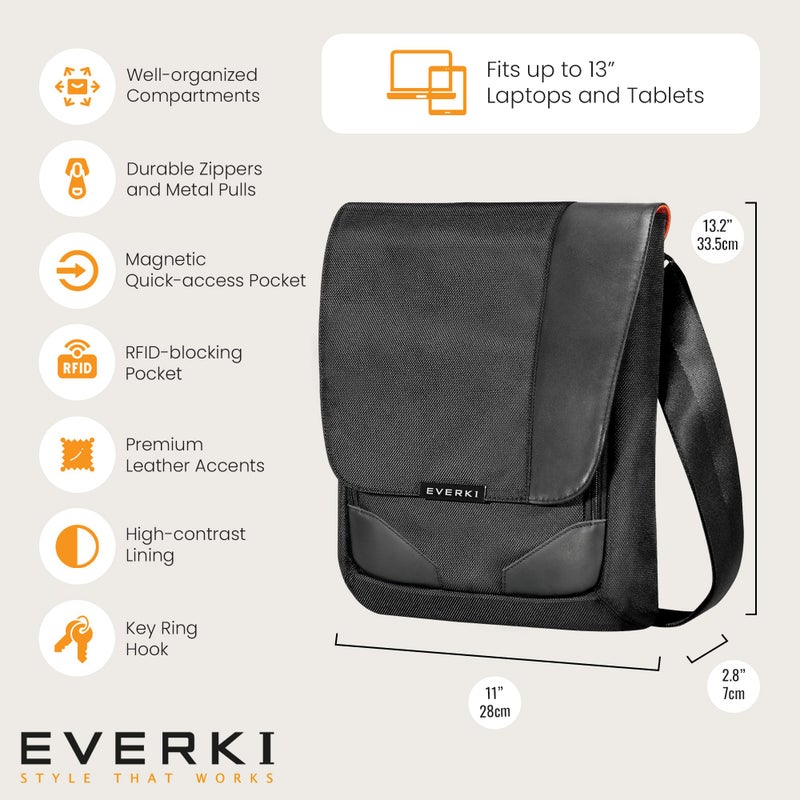 EVERKI Venue X-Large Premium Mini Messenger Bag - Ideal for Mens Crossbody Bag, RFID-blocking Pocket - Ergonomic Strap - Dedicated Compartment up to13-inch iPad Pro, Surface Pro - (EKS622XL) Black - Image 5
